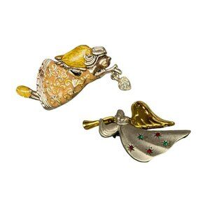 Vintage Signed AAI Peach Enamel Angel and Pewter Angel Brooches, Christmas Pins